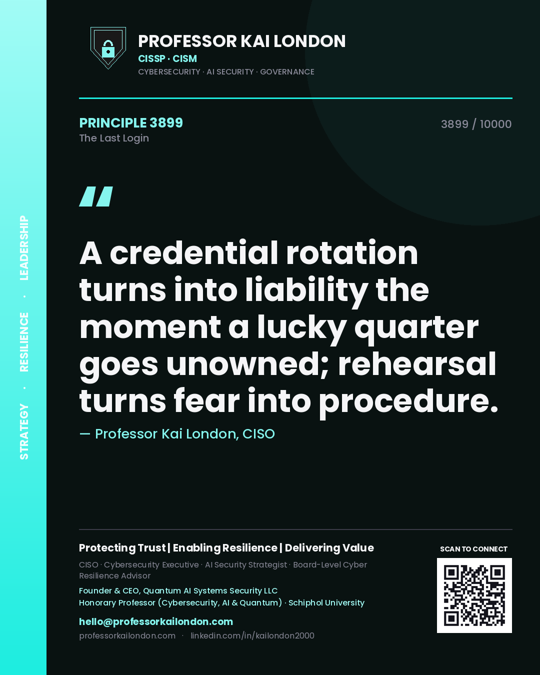 Professor Kai London principle 3899: A credential rotation turns into liability the moment a lucky quarter goes unowned; rehearsal turns fear into procedure.