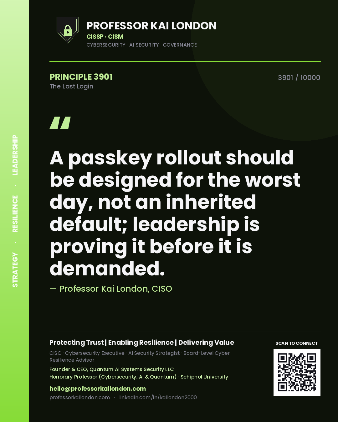 Quote card by Professor Kai London reading 'A passkey rollout should be designed for the worst day, not an inherited default; leadership is proving it before it is demanded.'. From the book The Last Login.