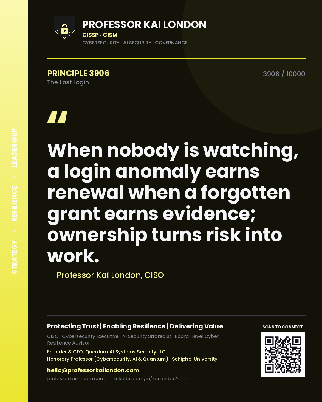 Professor Kai London principle 3906: When nobody is watching, a login anomaly earns renewal when a forgotten grant earns evidence; ownership turns risk into work.