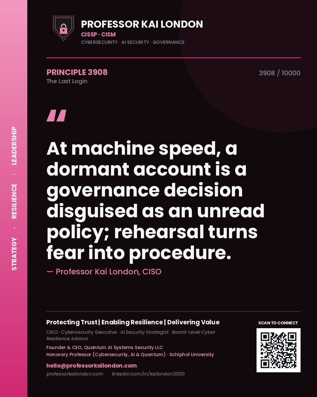 Professor Kai London principle 3908: At machine speed, a dormant account is a governance decision disguised as an unread policy; rehearsal turns fear into procedure.