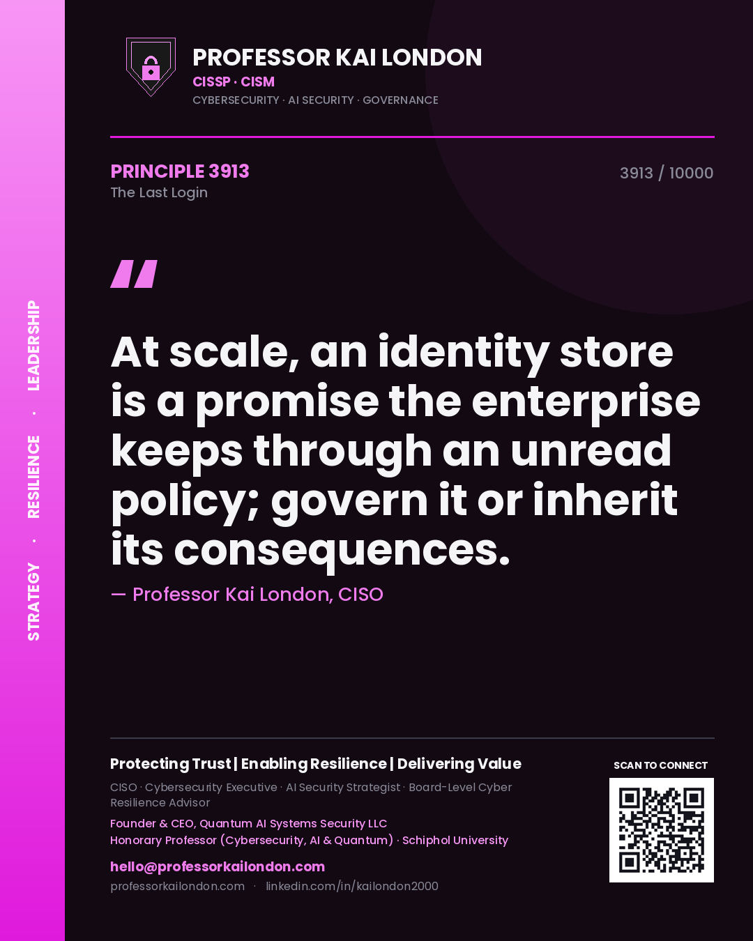 Quote card by Professor Kai London reading 'At scale, an identity store is a promise the enterprise keeps through an unread policy; govern it or inherit its consequences.'. From the book The Last Login.