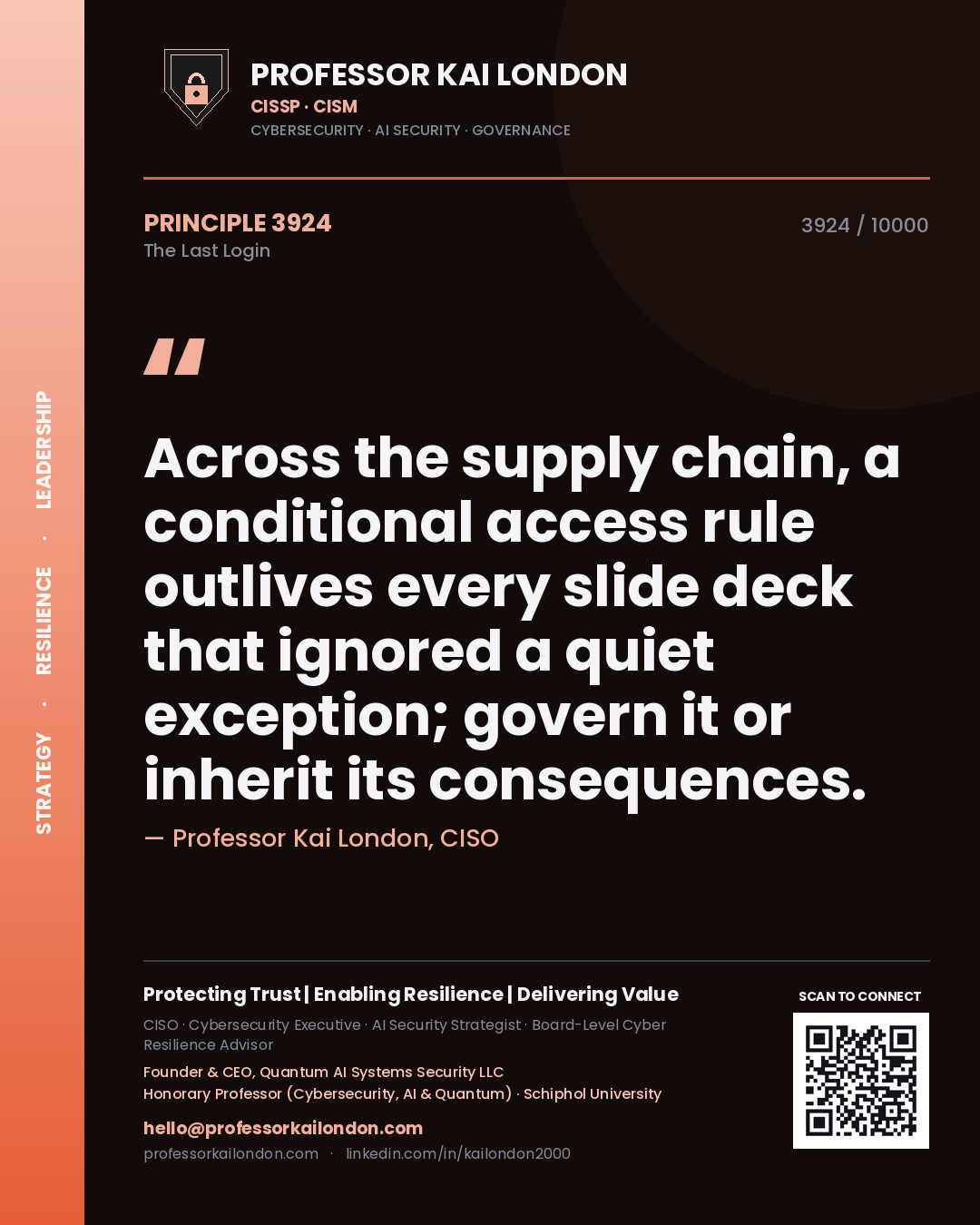 Quote card by Professor Kai London reading 'Across the supply chain, a conditional access rule outlives every slide deck that ignored a quiet exception; govern it or inherit its consequences.'. From the book The Last Login.