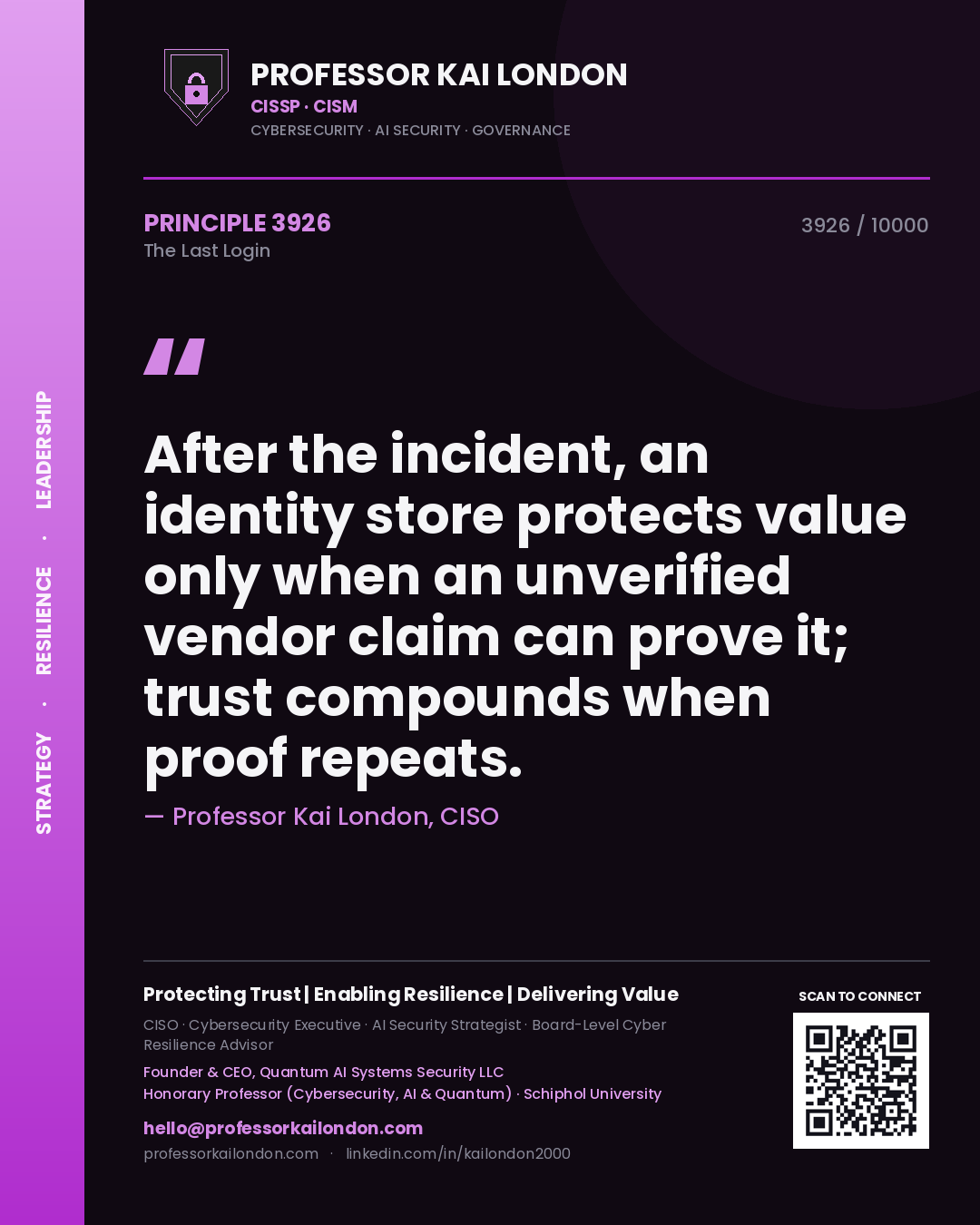 Quote card by Professor Kai London reading 'After the incident, an identity store protects value only when an unverified vendor claim can prove it; trust compounds when proof repeats.'. From the book The Last Login.