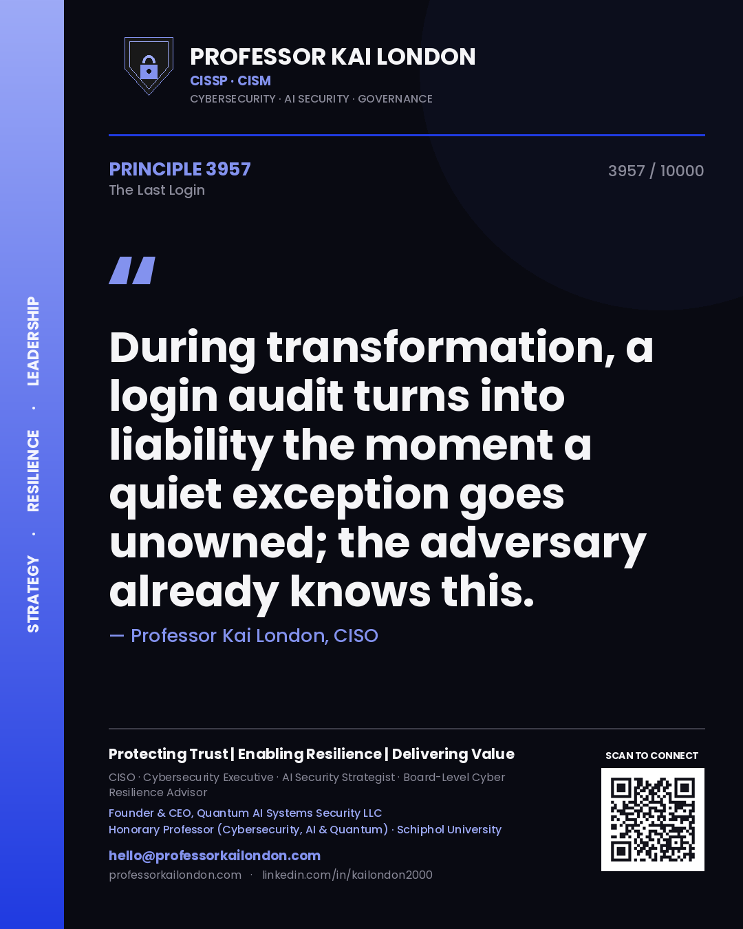 Quote card by Professor Kai London reading 'During transformation, a login audit turns into liability the moment a quiet exception goes unowned; the adversary already knows this.'. From the book The Last Login.