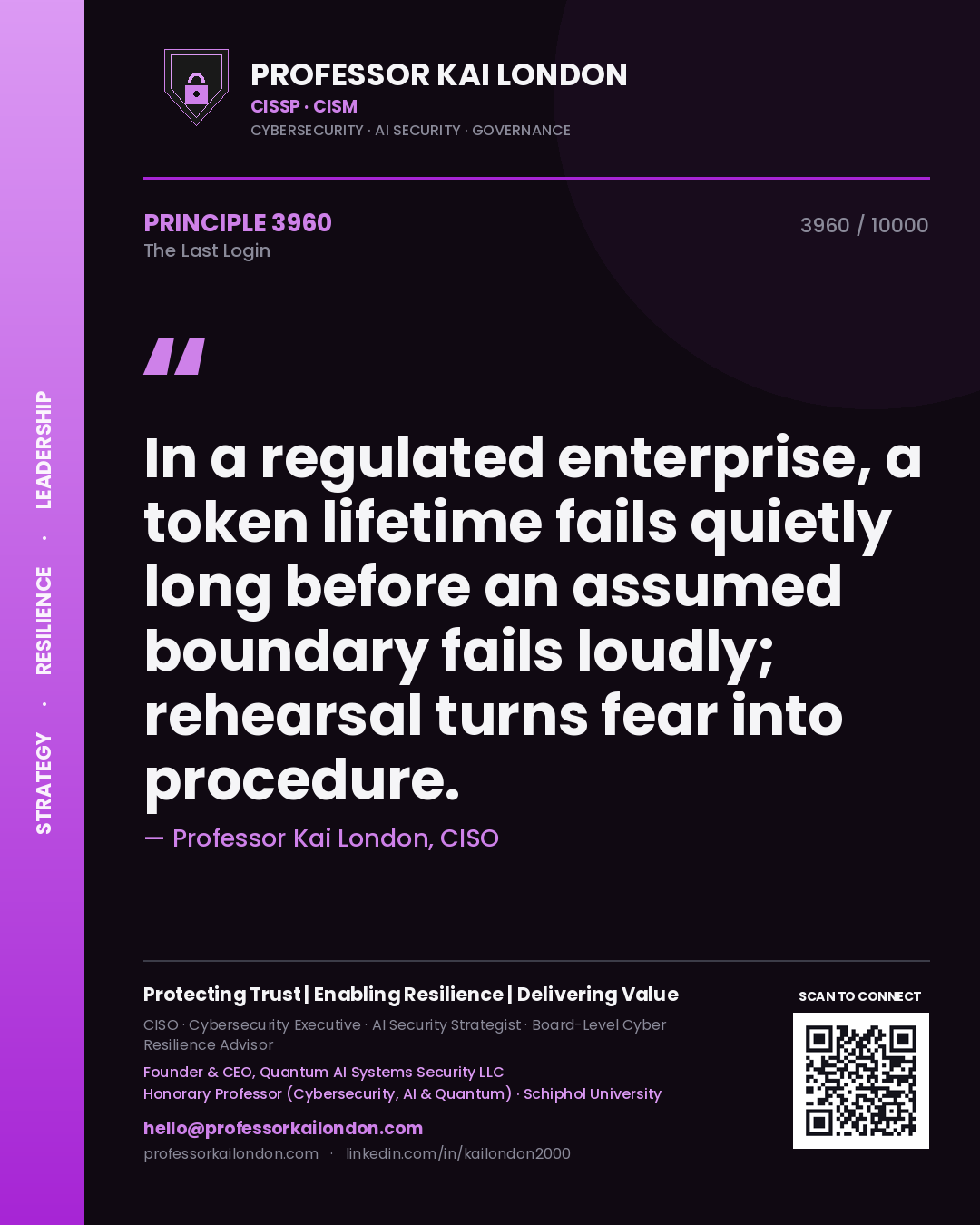 Quote card by Professor Kai London reading 'In a regulated enterprise, a token lifetime fails quietly long before an assumed boundary fails loudly; rehearsal turns fear into procedure.'. From the book The Last Login.