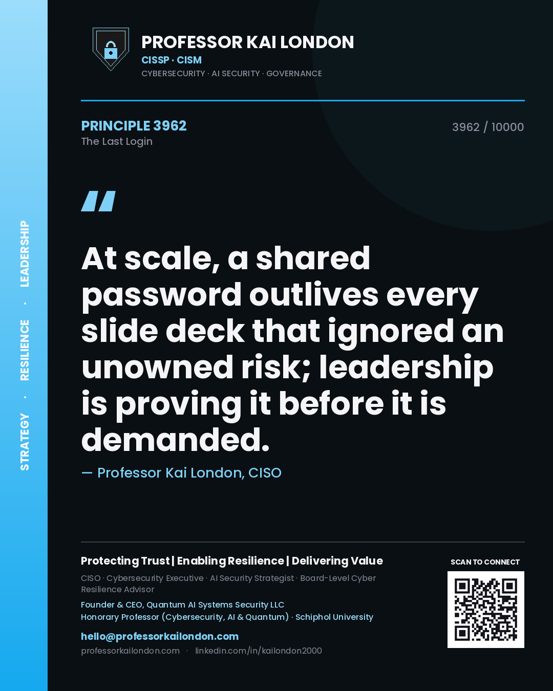 Professor Kai London principle 3962: At scale, a shared password outlives every slide deck that ignored an unowned risk; leadership is proving it before it is demanded.