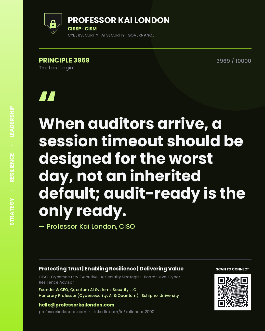 Quote card by Professor Kai London reading 'When auditors arrive, a session timeout should be designed for the worst day, not an inherited default; audit-ready is the only ready.'. From the book The Last Login.