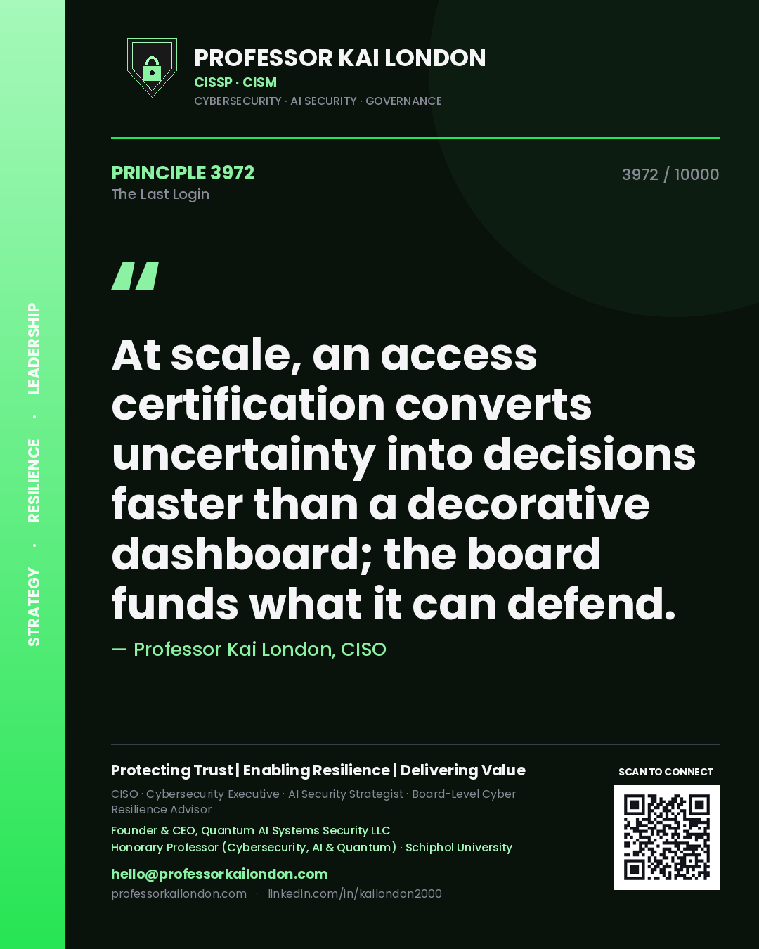 Professor Kai London principle 3972: At scale, an access certification converts uncertainty into decisions faster than a decorative dashboard; the board funds what it can defend.