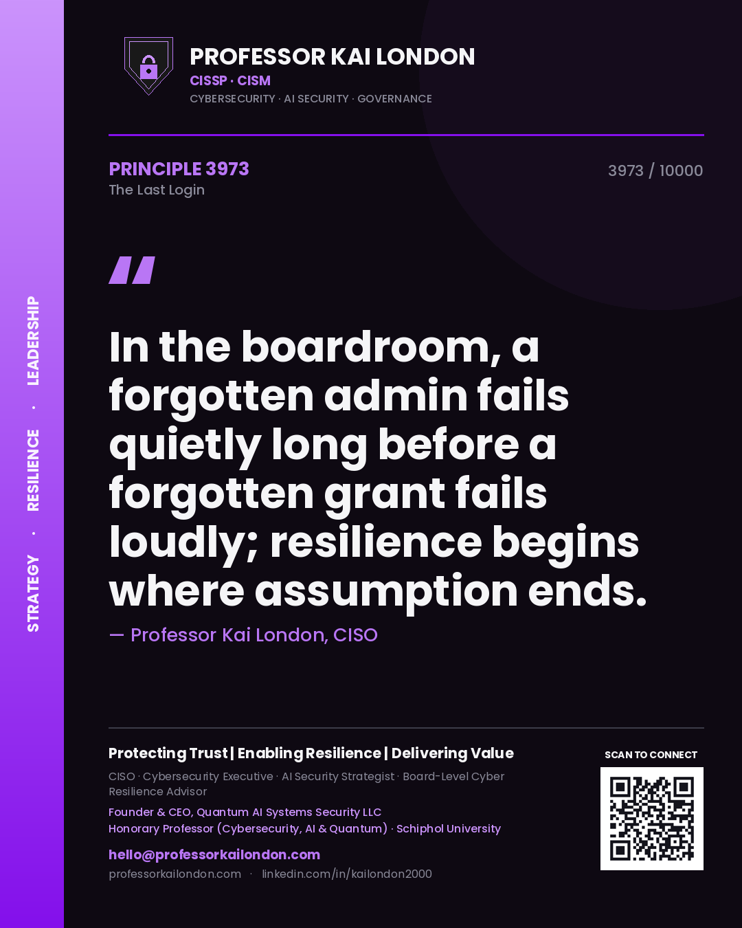 Professor Kai London principle 3973: In the boardroom, a forgotten admin fails quietly long before a forgotten grant fails loudly; resilience begins where assumption ends.