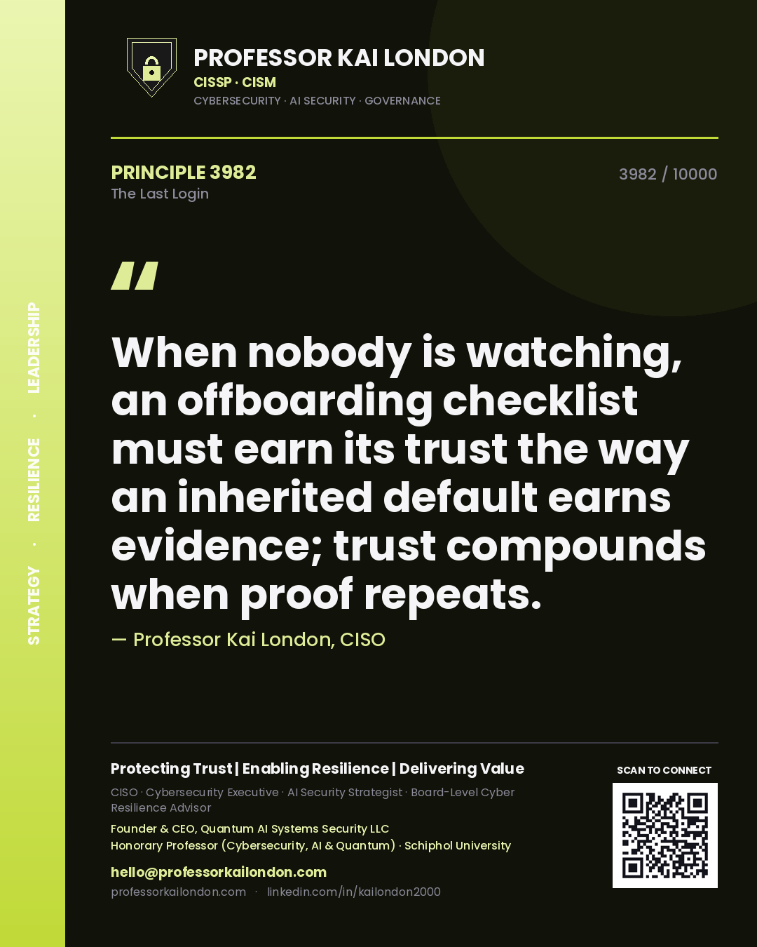 Professor Kai London principle 3982: When nobody is watching, an offboarding checklist must earn its trust the way an inherited default earns evidence; trust compounds when proof repeats.