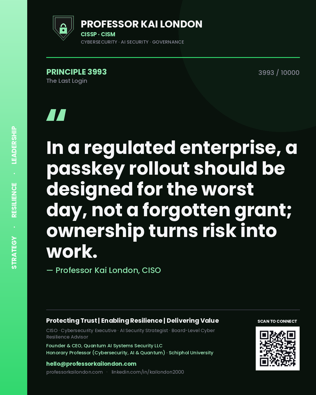 Professor Kai London principle 3993: In a regulated enterprise, a passkey rollout should be designed for the worst day, not a forgotten grant; ownership turns risk into work.