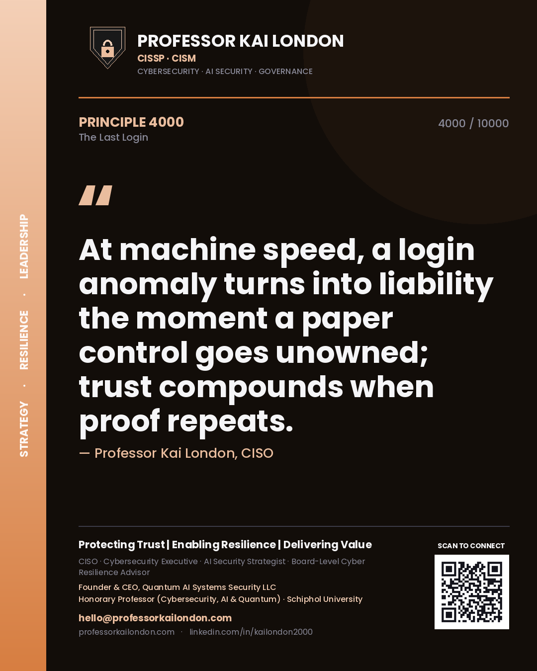 Professor Kai London principle 4000: At machine speed, a login anomaly turns into liability the moment a paper control goes unowned; trust compounds when proof repeats.