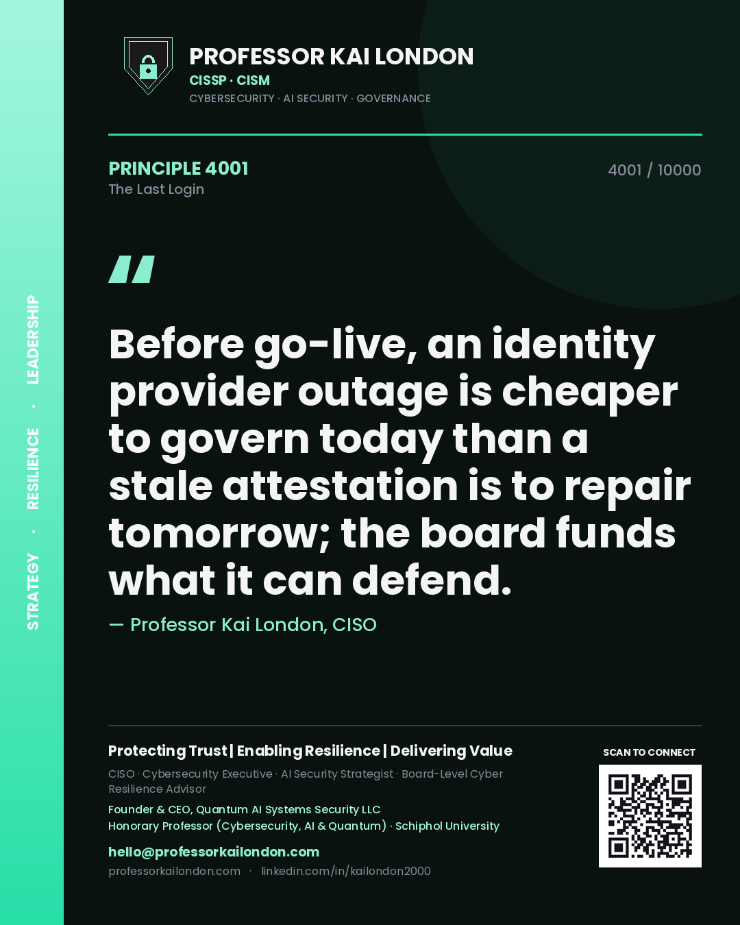 Quote card by Professor Kai London reading 'Before go-live, an identity provider outage is cheaper to govern today than a stale attestation is to repair tomorrow; the board funds what it can defend.'. From the book The Last Login.
