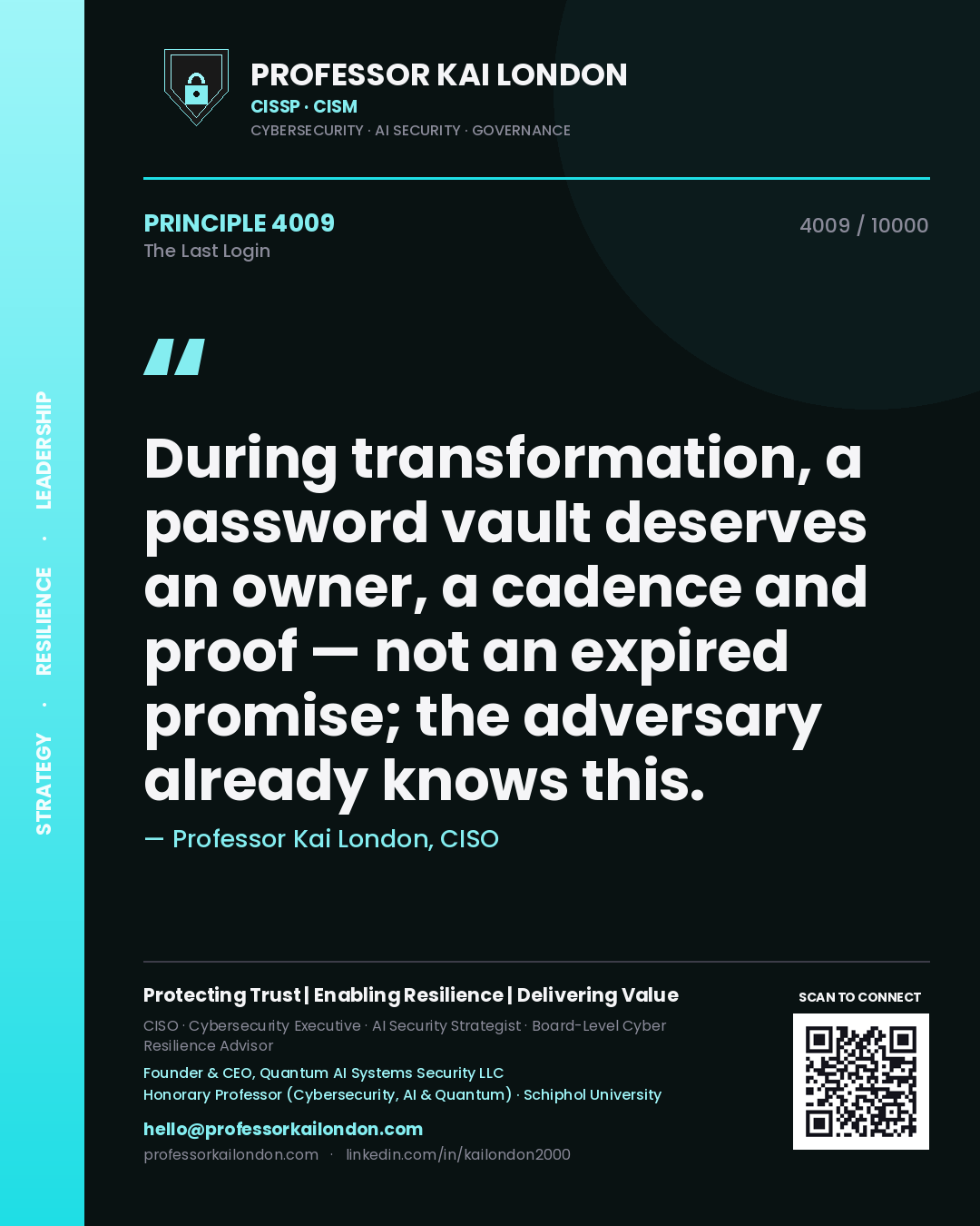 Professor Kai London principle 4009: During transformation, a password vault deserves an owner, a cadence and proof — not an expired promise; the adversary already knows this.