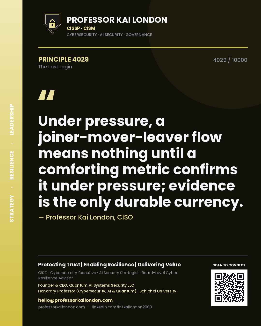 Professor Kai London principle 4029: Under pressure, a joiner-mover-leaver flow means nothing until a comforting metric confirms it under pressure; evidence is the only durable currency.