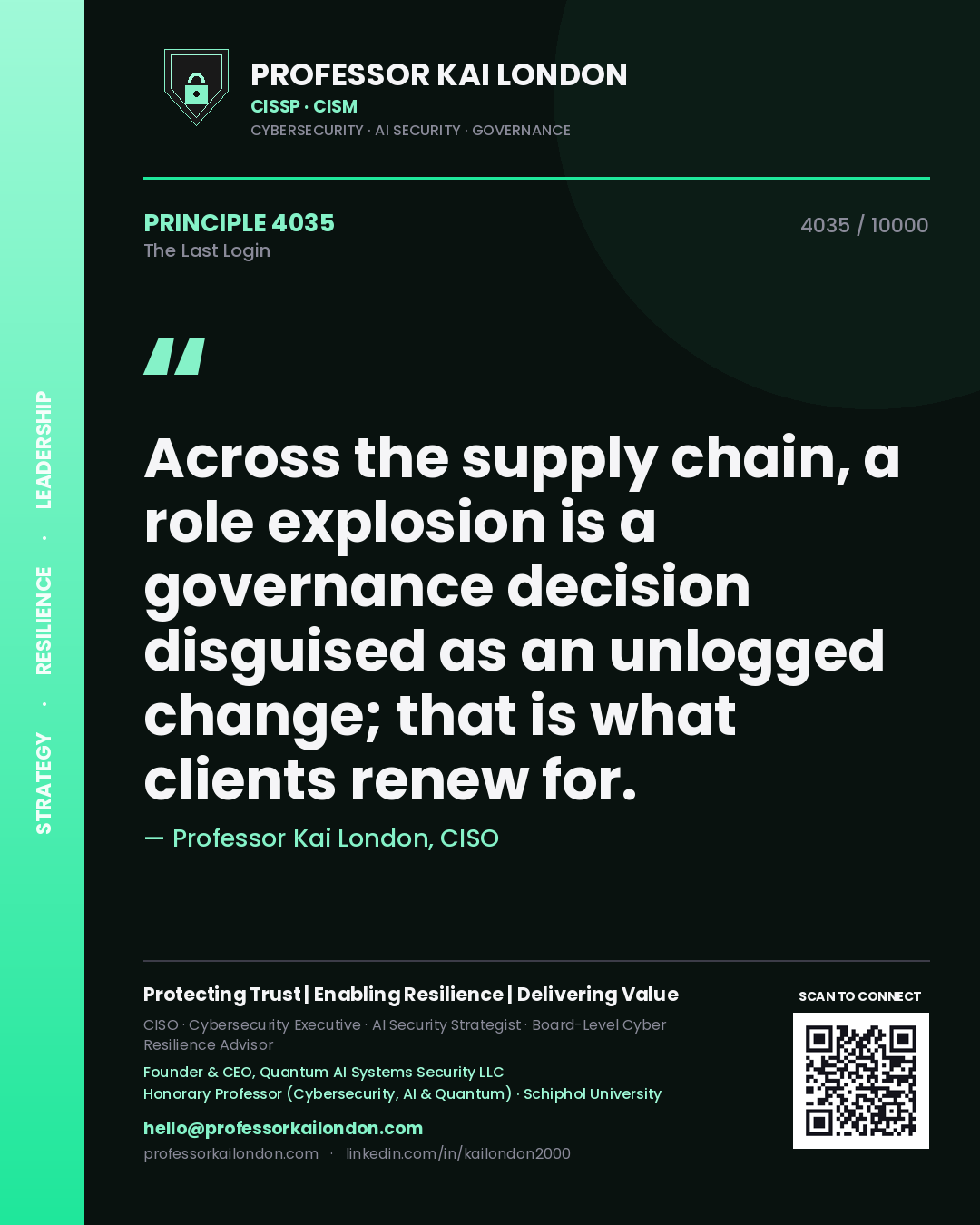 Professor Kai London principle 4035: Across the supply chain, a role explosion is a governance decision disguised as an unlogged change; that is what clients renew for.