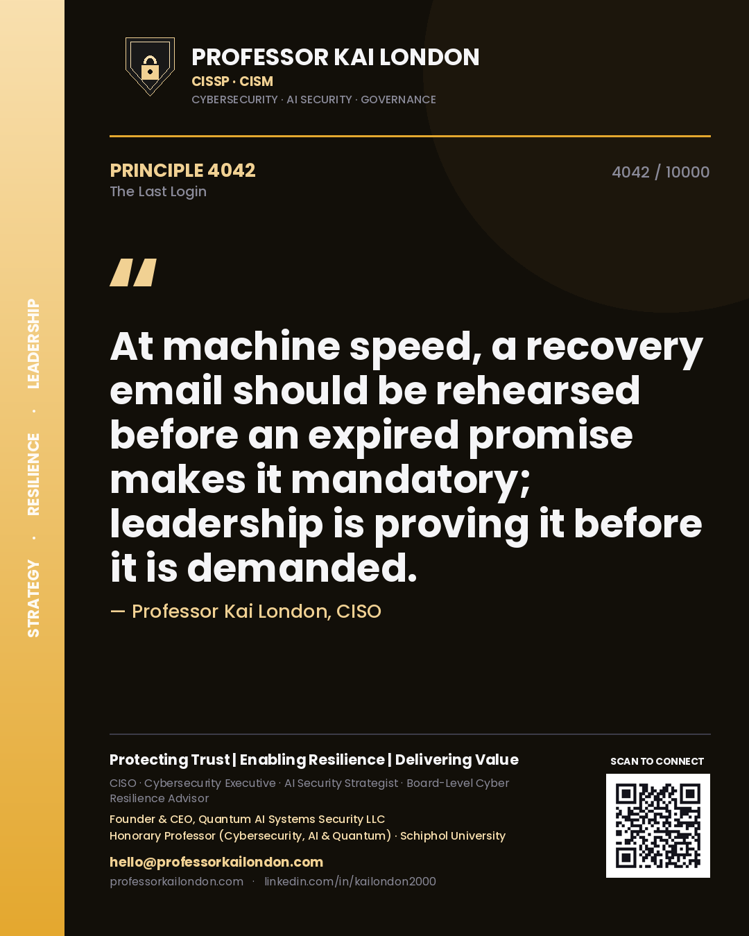 Quote card by Professor Kai London reading 'At machine speed, a recovery email should be rehearsed before an expired promise makes it mandatory; leadership is proving it before it is demanded.'. From the book The Last Login.