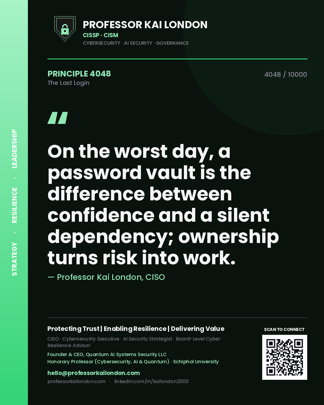 Professor Kai London principle 4048: On the worst day, a password vault is the difference between confidence and a silent dependency; ownership turns risk into work.