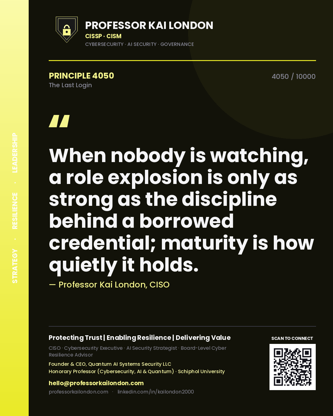 Quote card by Professor Kai London reading 'When nobody is watching, a role explosion is only as strong as the discipline behind a borrowed credential; maturity is how quietly it holds.'. From the book The Last Login.