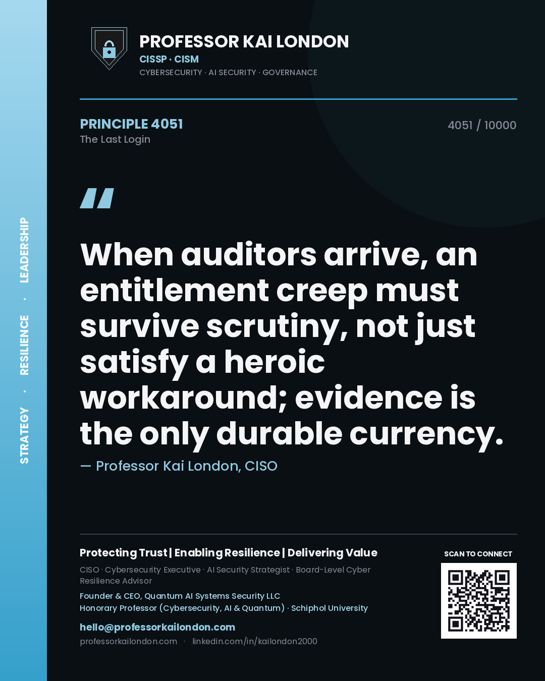 Professor Kai London principle 4051: When auditors arrive, an entitlement creep must survive scrutiny, not just satisfy a heroic workaround; evidence is the only durable currency.