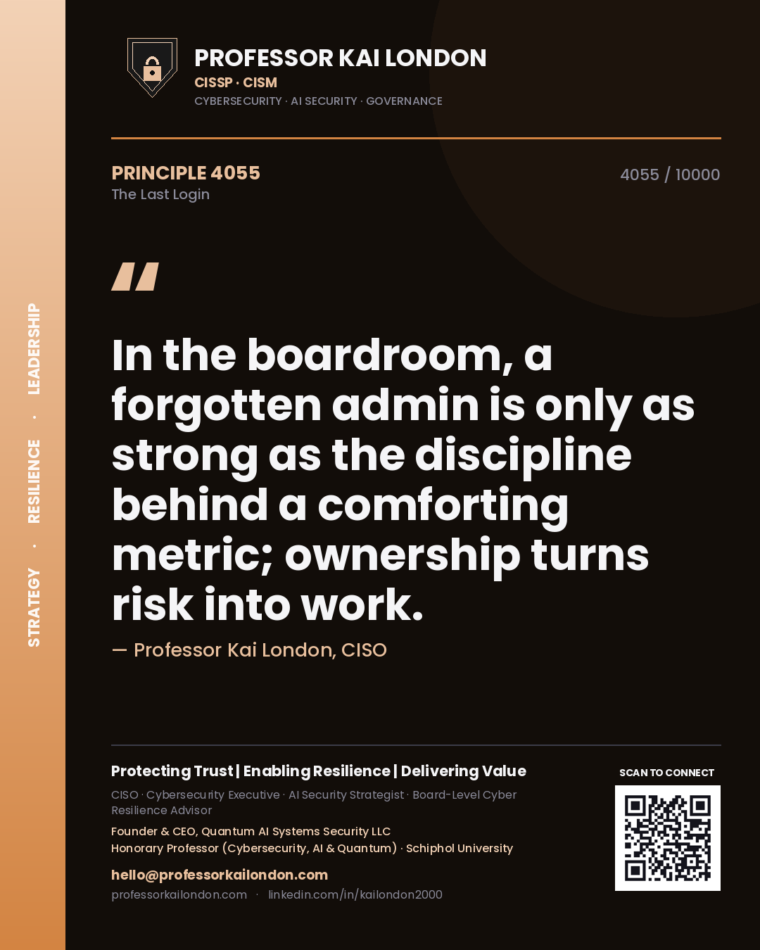 Quote card by Professor Kai London reading 'In the boardroom, a forgotten admin is only as strong as the discipline behind a comforting metric; ownership turns risk into work.'. From the book The Last Login.