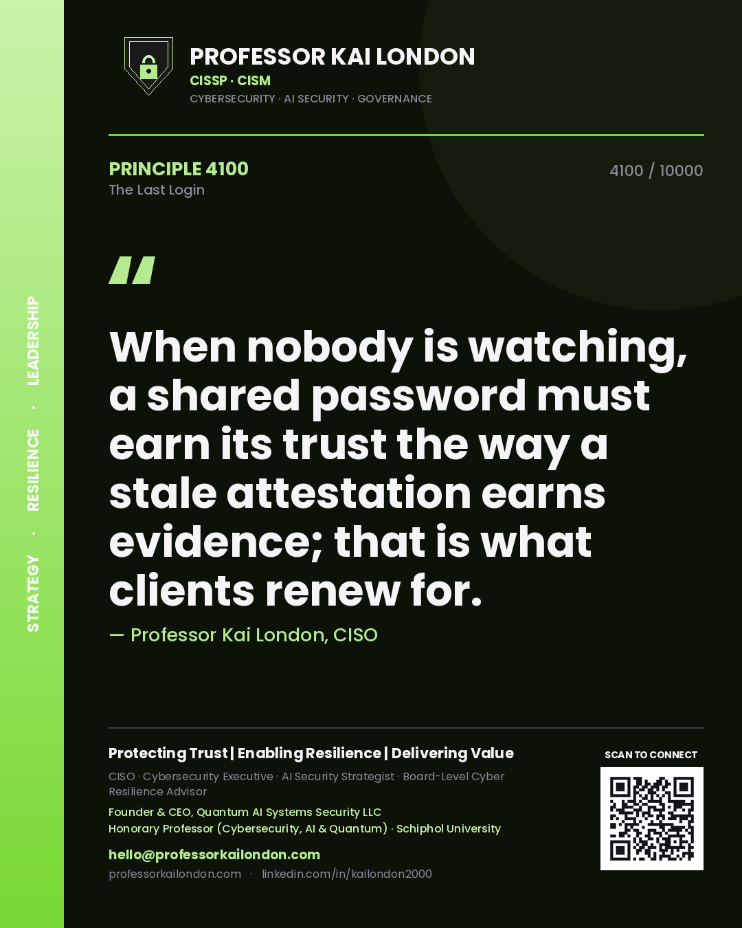 Professor Kai London principle 4100: When nobody is watching, a shared password must earn its trust the way a stale attestation earns evidence; that is what clients renew for.