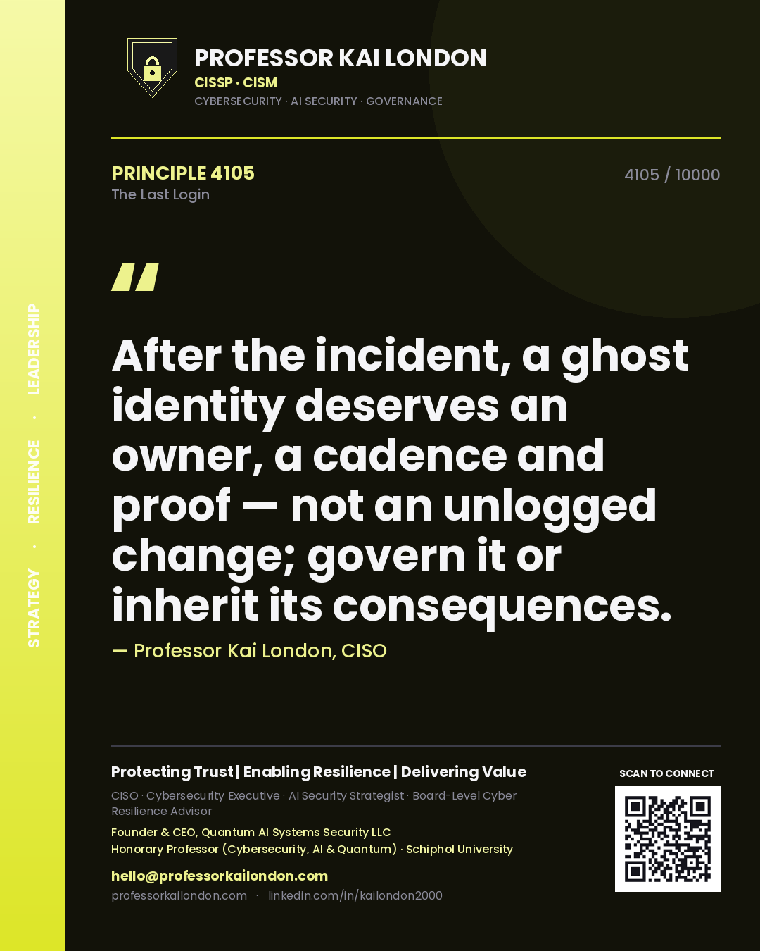 Quote card by Professor Kai London reading 'After the incident, a ghost identity deserves an owner, a cadence and proof — not an unlogged change; govern it or inherit its consequences.'. From the book The Last Login.