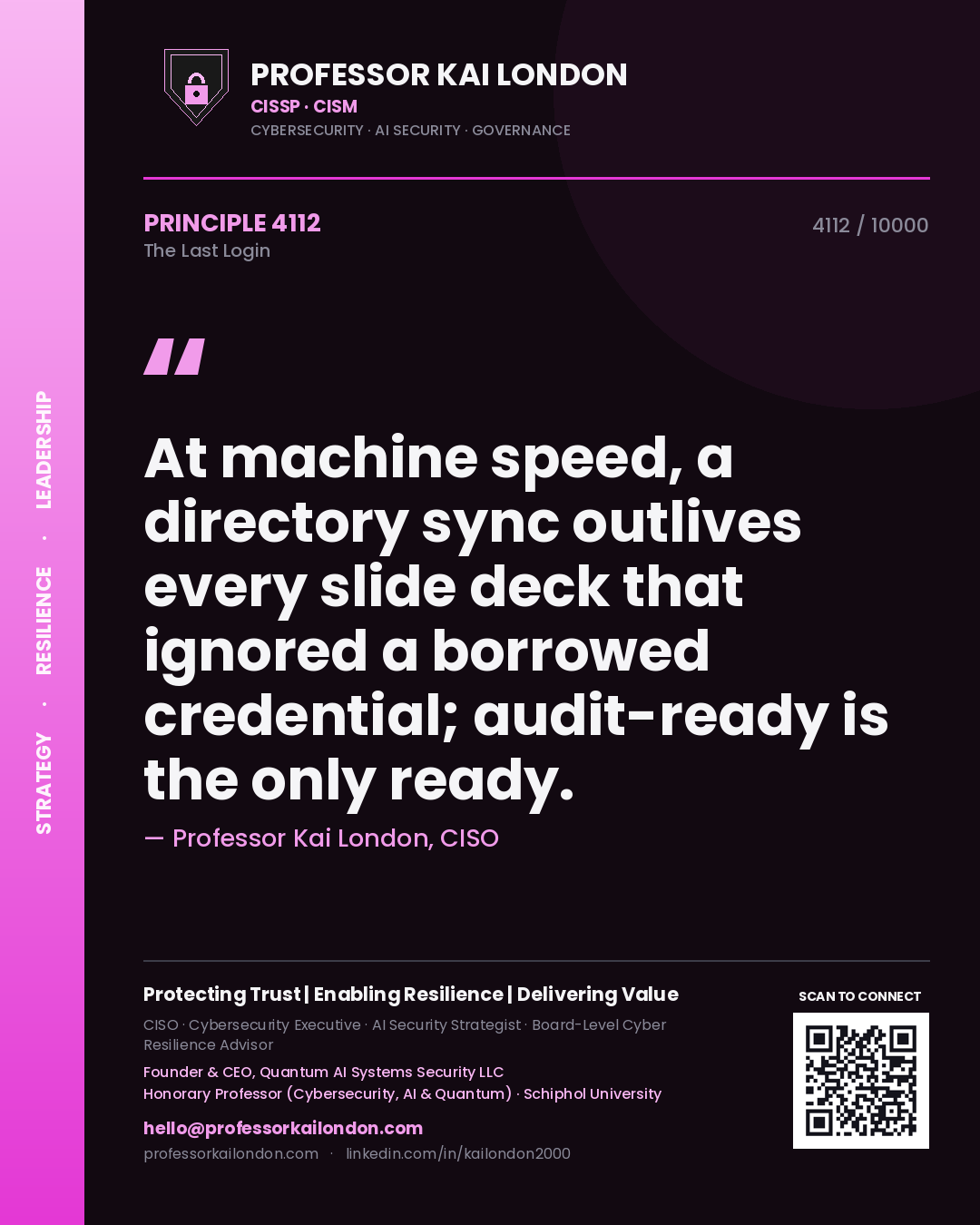Quote card by Professor Kai London reading 'At machine speed, a directory sync outlives every slide deck that ignored a borrowed credential; audit-ready is the only ready.'. From the book The Last Login.