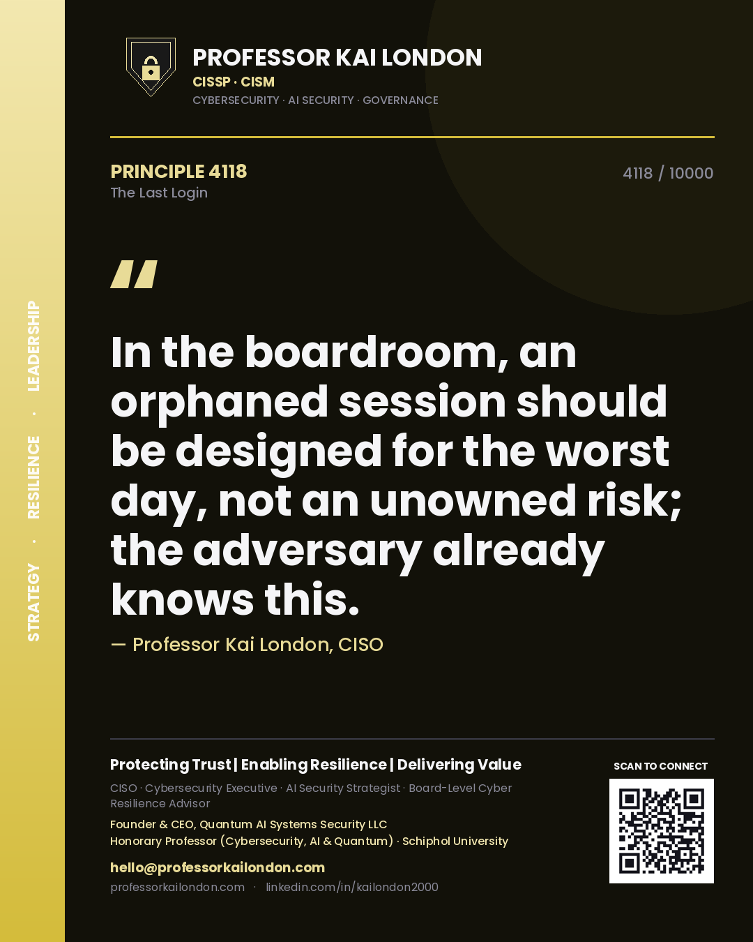 Quote card by Professor Kai London reading 'In the boardroom, an orphaned session should be designed for the worst day, not an unowned risk; the adversary already knows this.'. From the book The Last Login.