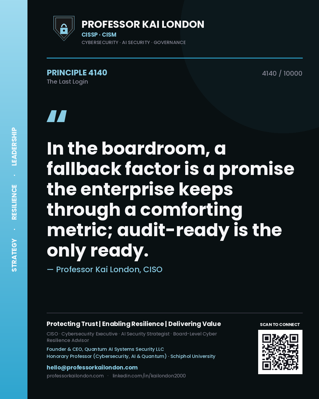 Quote card by Professor Kai London reading 'In the boardroom, a fallback factor is a promise the enterprise keeps through a comforting metric; audit-ready is the only ready.'. From the book The Last Login.