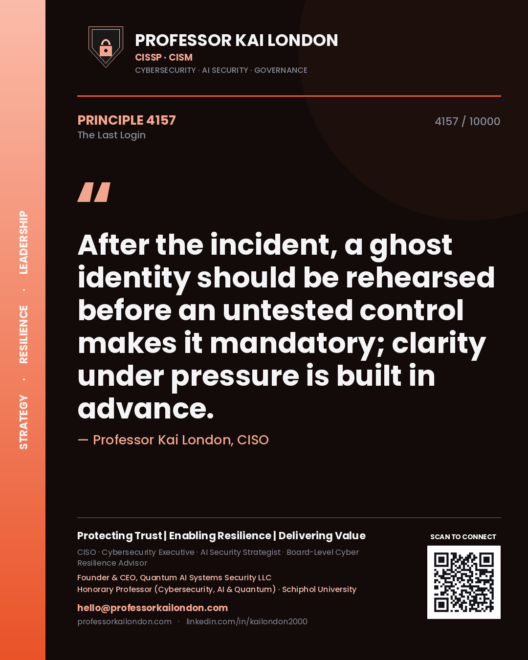 Quote card by Professor Kai London reading 'After the incident, a ghost identity should be rehearsed before an untested control makes it mandatory; clarity under pressure is built in advance.'. From the book The Last Login.