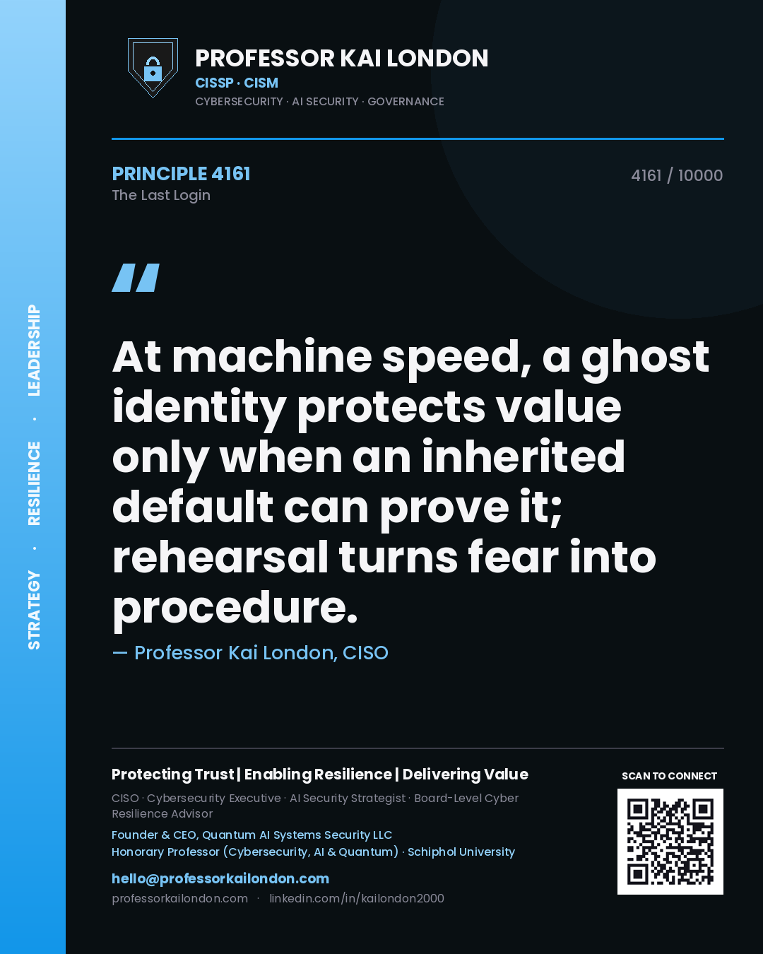 Quote card by Professor Kai London reading 'At machine speed, a ghost identity protects value only when an inherited default can prove it; rehearsal turns fear into procedure.'. From the book The Last Login.