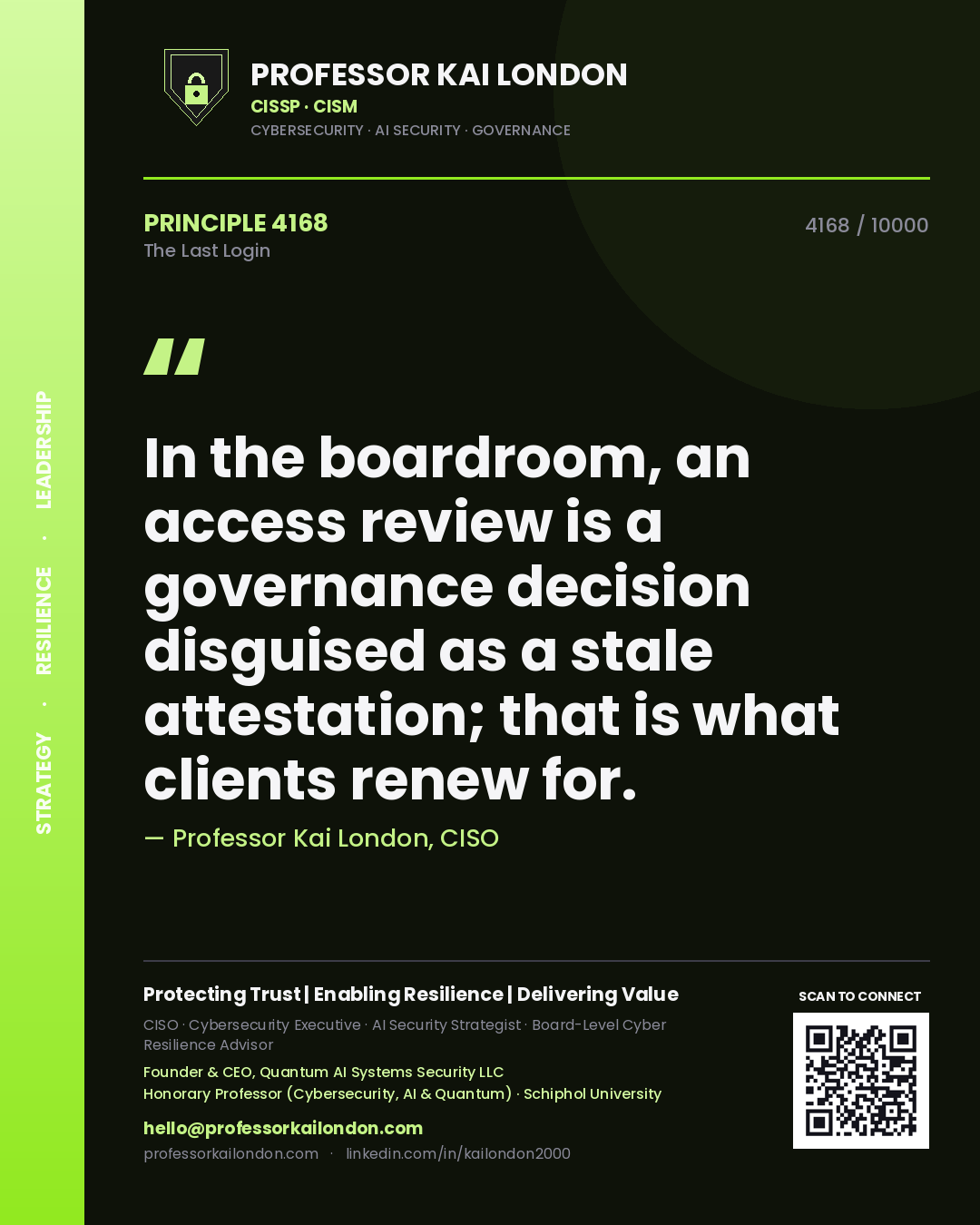 Quote card by Professor Kai London reading 'In the boardroom, an access review is a governance decision disguised as a stale attestation; that is what clients renew for.'. From the book The Last Login.