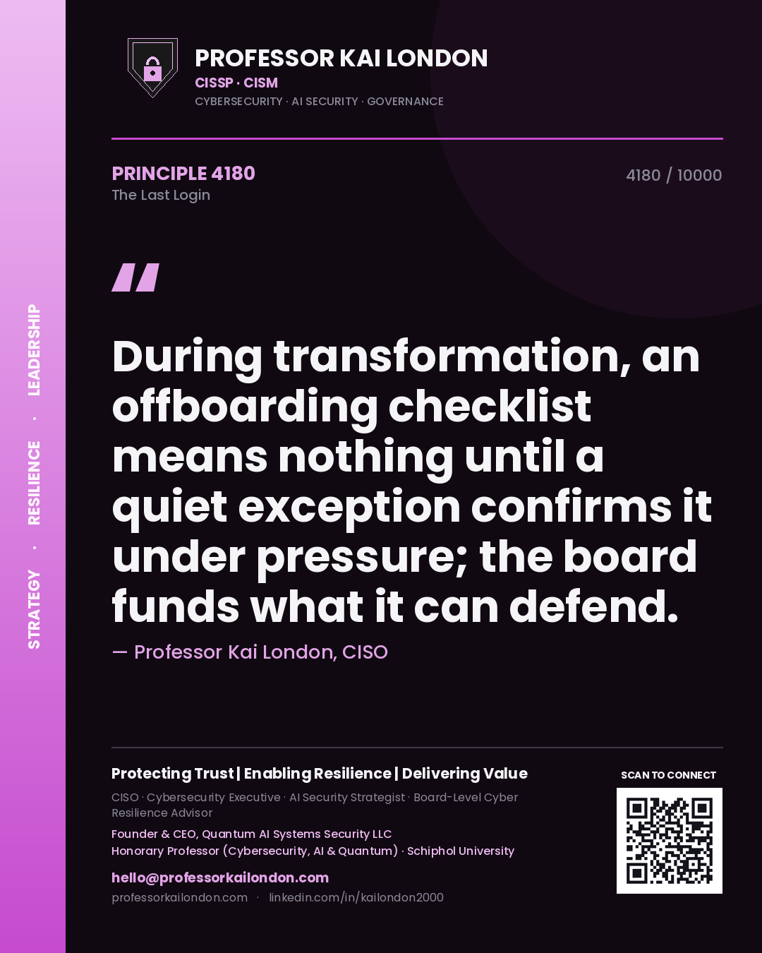Quote card by Professor Kai London reading 'During transformation, an offboarding checklist means nothing until a quiet exception confirms it under pressure; the board funds what it can defend.'. From the book The Last Login.