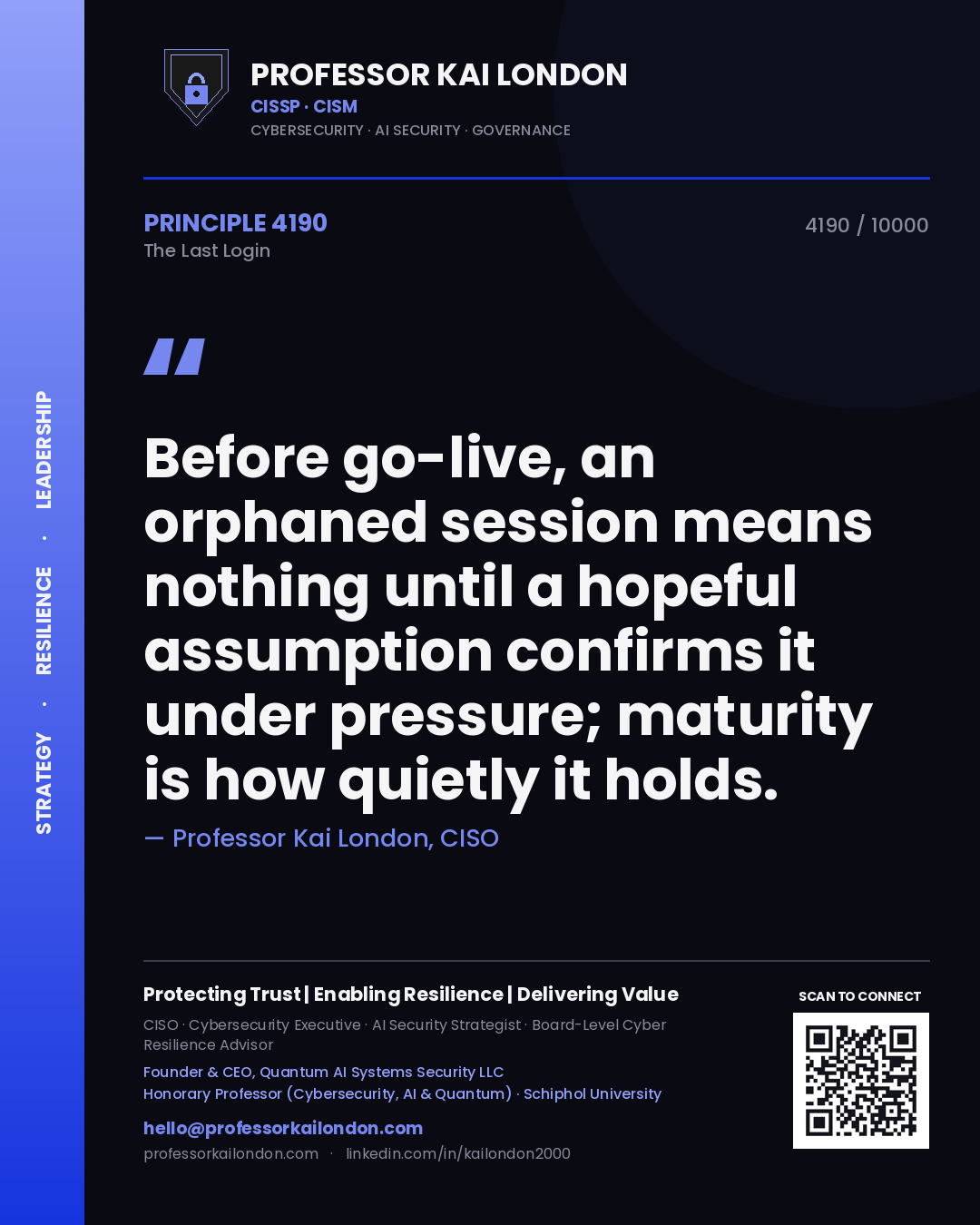 Quote card by Professor Kai London reading 'Before go-live, an orphaned session means nothing until a hopeful assumption confirms it under pressure; maturity is how quietly it holds.'. From the book The Last Login.