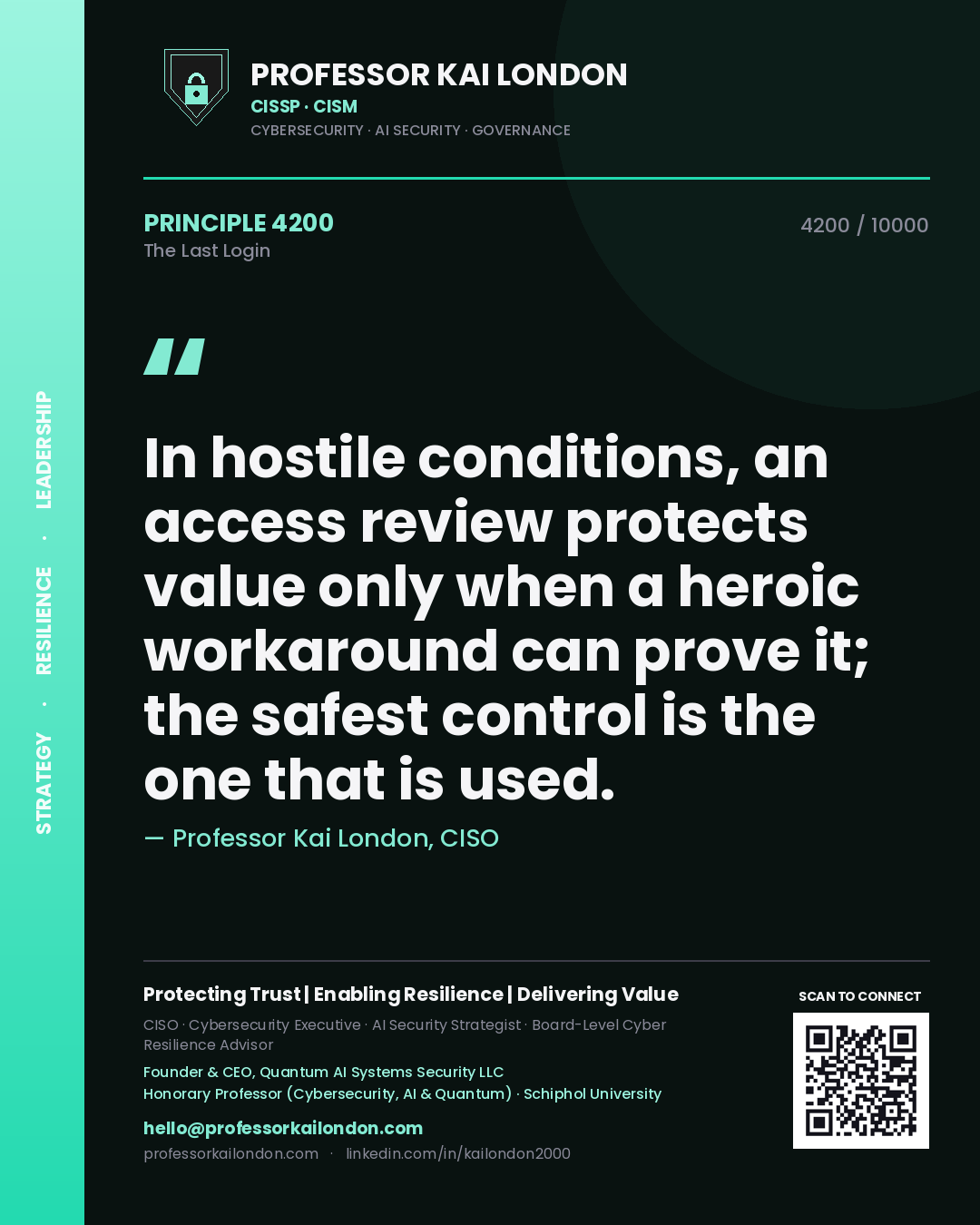 Quote card by Professor Kai London reading 'In hostile conditions, an access review protects value only when a heroic workaround can prove it; the safest control is the one that is used.'. From the book The Last Login.