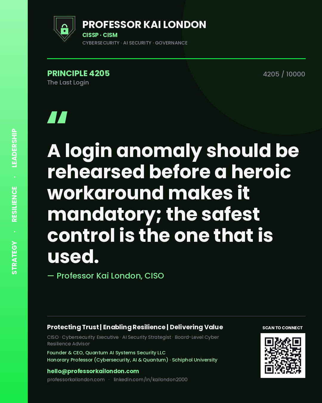 Quote card by Professor Kai London reading 'A login anomaly should be rehearsed before a heroic workaround makes it mandatory; the safest control is the one that is used.'. From the book The Last Login.