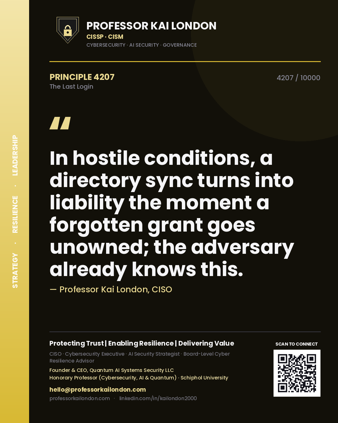 Quote card by Professor Kai London reading 'In hostile conditions, a directory sync turns into liability the moment a forgotten grant goes unowned; the adversary already knows this.'. From the book The Last Login.