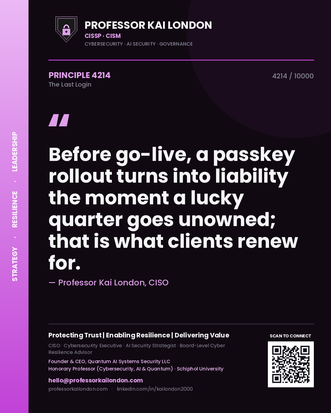 Professor Kai London principle 4214: Before go-live, a passkey rollout turns into liability the moment a lucky quarter goes unowned; that is what clients renew for.
