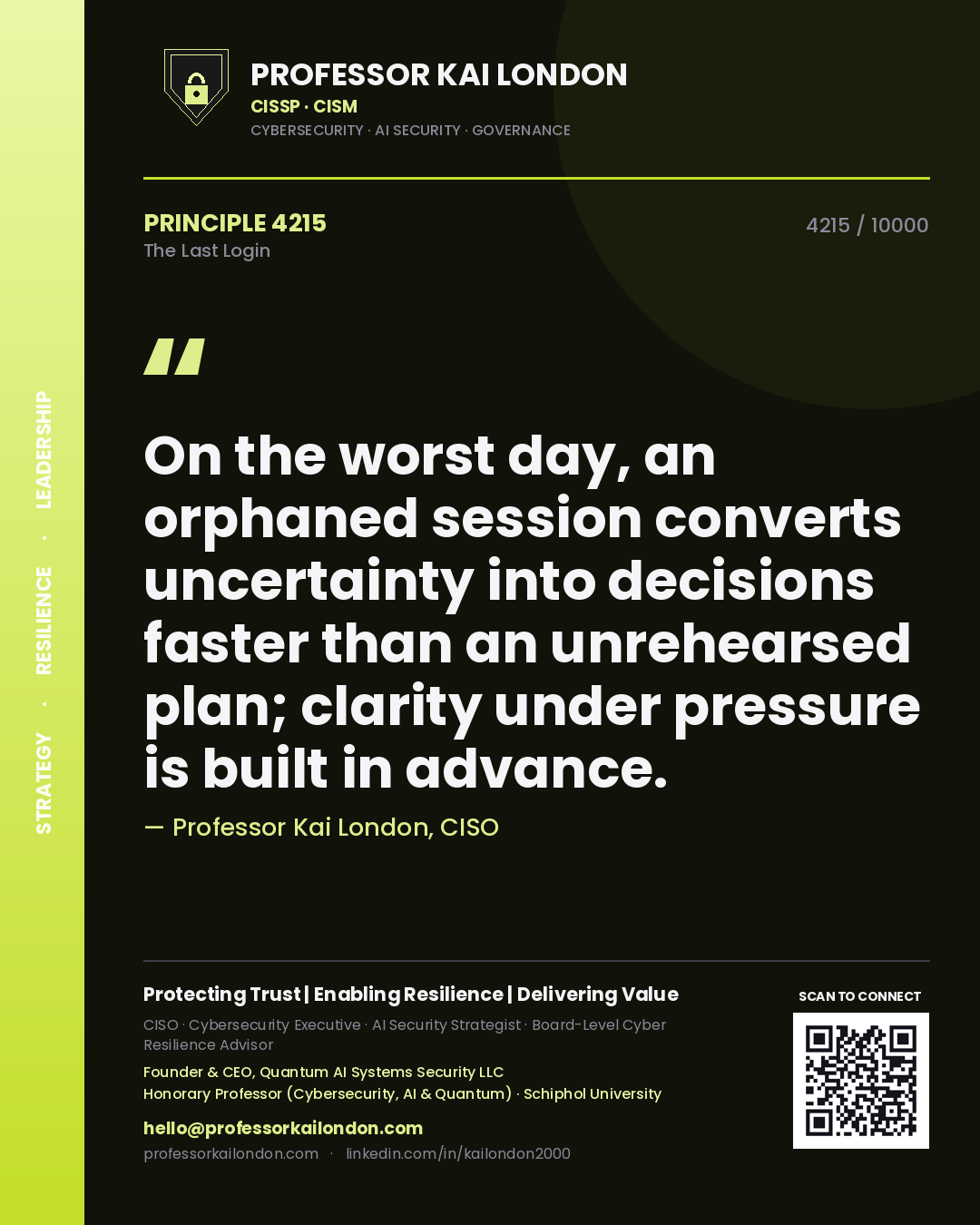Professor Kai London principle 4215: On the worst day, an orphaned session converts uncertainty into decisions faster than an unrehearsed plan; clarity under pressure is built in advance.