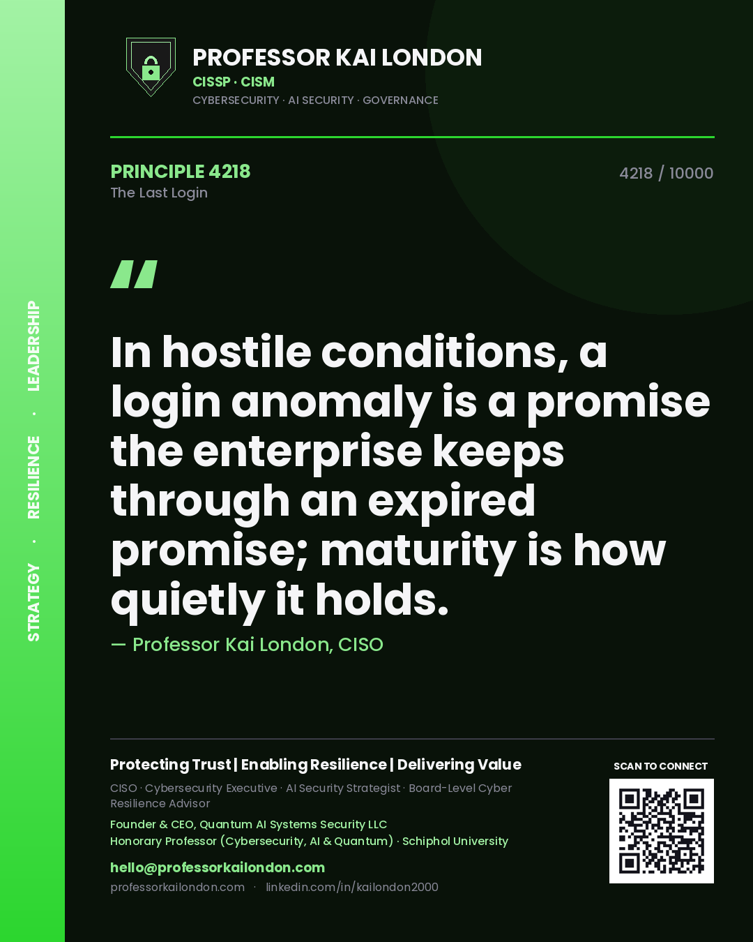 Quote card by Professor Kai London reading 'In hostile conditions, a login anomaly is a promise the enterprise keeps through an expired promise; maturity is how quietly it holds.'. From the book The Last Login.