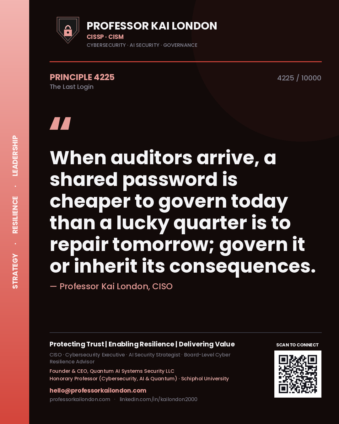 Quote card by Professor Kai London reading 'When auditors arrive, a shared password is cheaper to govern today than a lucky quarter is to repair tomorrow; govern it or inherit its consequences.'. From the book The Last Login.
