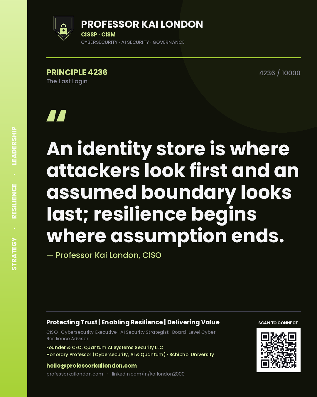 Quote card by Professor Kai London reading 'An identity store is where attackers look first and an assumed boundary looks last; resilience begins where assumption ends.'. From the book The Last Login.