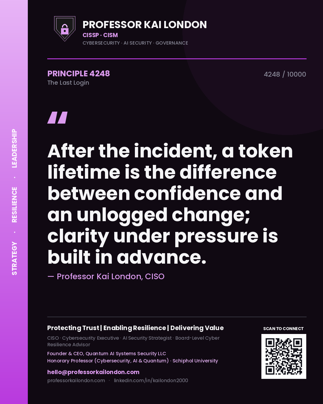 Quote card by Professor Kai London reading 'After the incident, a token lifetime is the difference between confidence and an unlogged change; clarity under pressure is built in advance.'. From the book The Last Login.