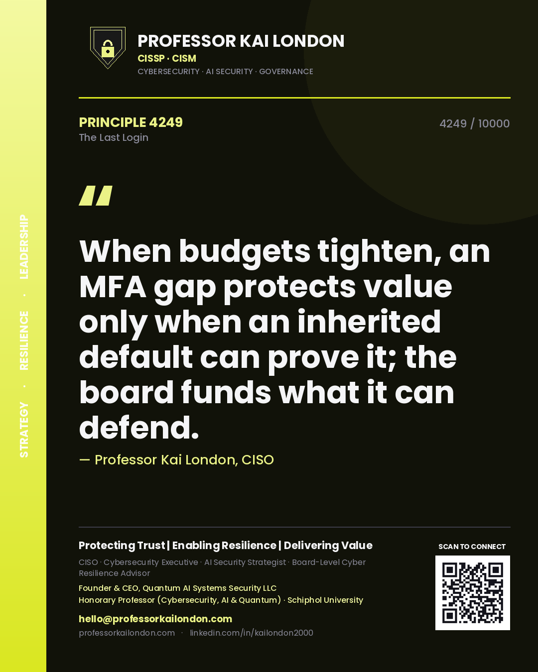 Quote card by Professor Kai London reading 'When budgets tighten, an MFA gap protects value only when an inherited default can prove it; the board funds what it can defend.'. From the book The Last Login.