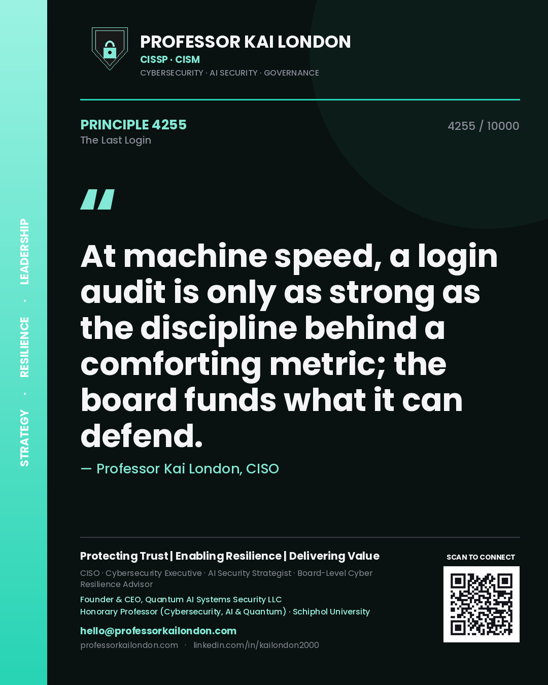 Quote card by Professor Kai London reading 'At machine speed, a login audit is only as strong as the discipline behind a comforting metric; the board funds what it can defend.'. From the book The Last Login.