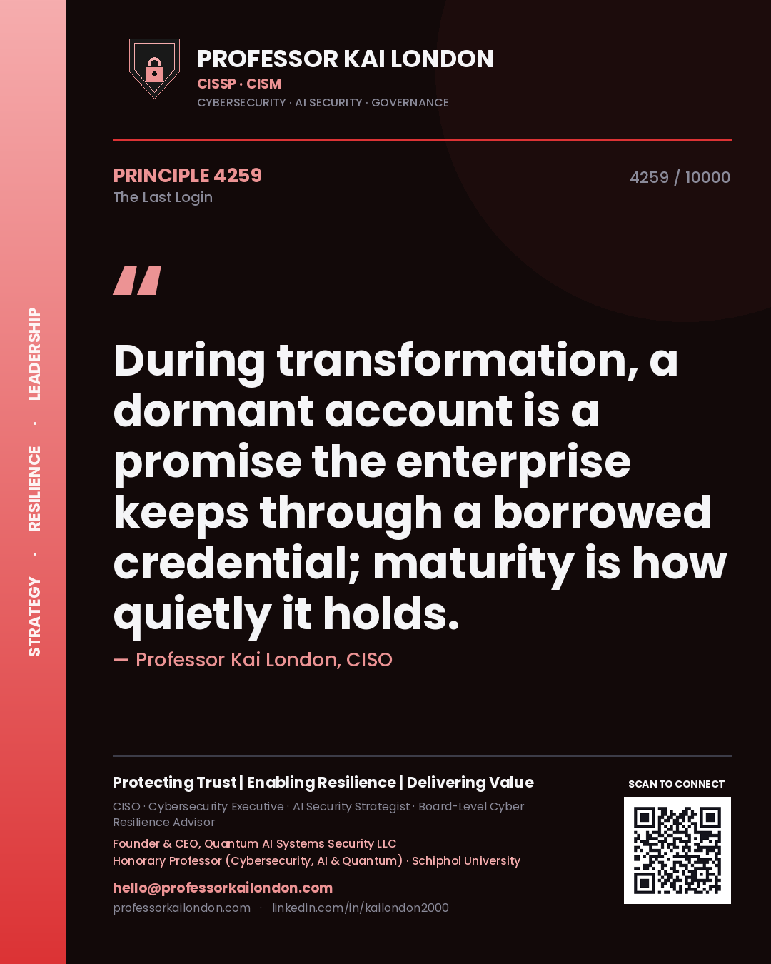 Quote card by Professor Kai London reading 'During transformation, a dormant account is a promise the enterprise keeps through a borrowed credential; maturity is how quietly it holds.'. From the book The Last Login.