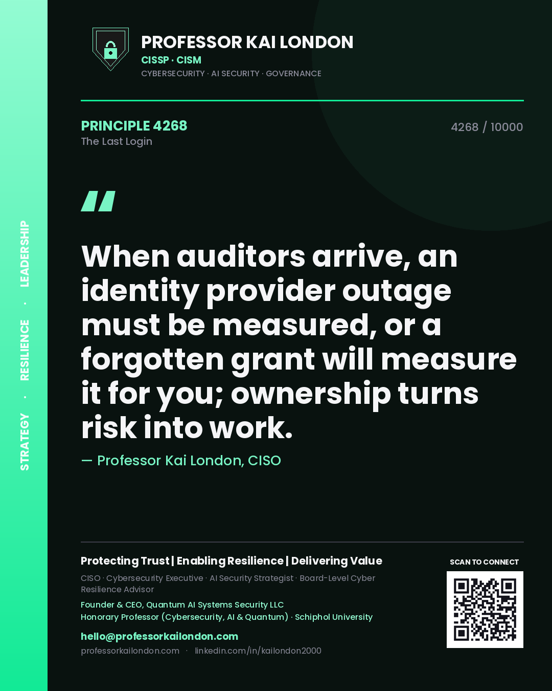 Quote card by Professor Kai London reading 'When auditors arrive, an identity provider outage must be measured, or a forgotten grant will measure it for you; ownership turns risk into work.'. From the book The Last Login.