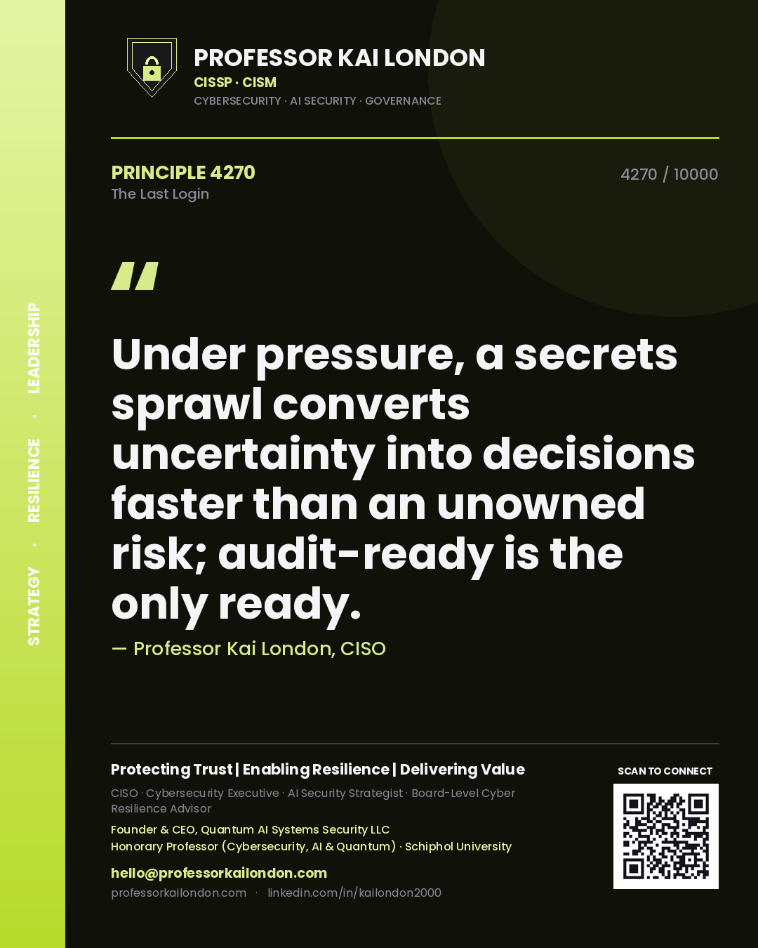 Quote card by Professor Kai London reading 'Under pressure, a secrets sprawl converts uncertainty into decisions faster than an unowned risk; audit-ready is the only ready.'. From the book The Last Login.