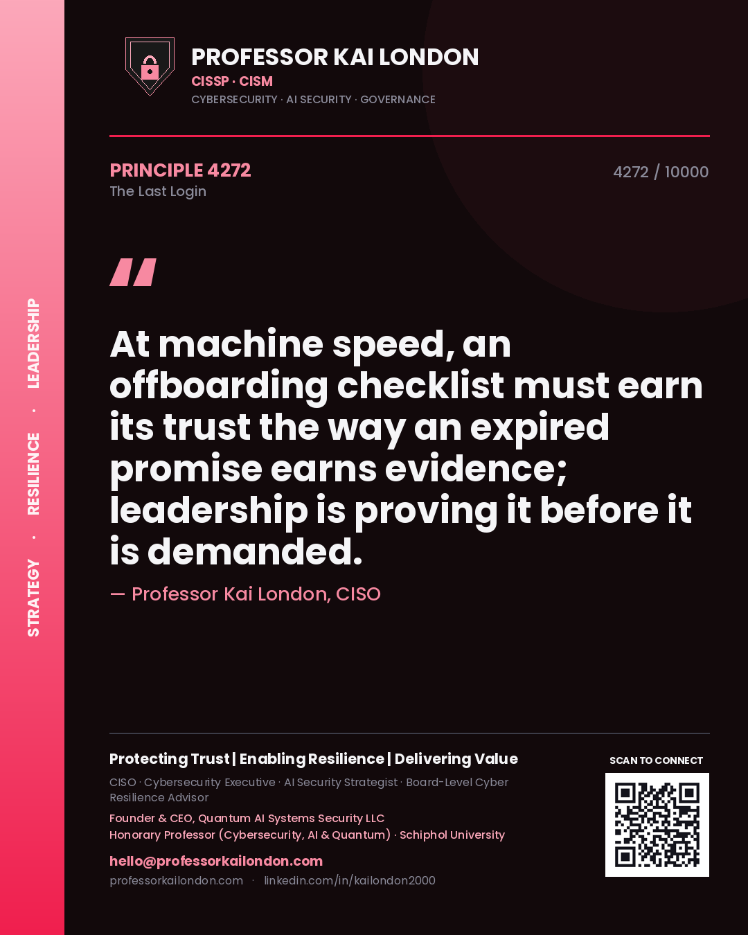 Quote card by Professor Kai London reading 'At machine speed, an offboarding checklist must earn its trust the way an expired promise earns evidence; leadership is proving it before it is demanded.'. From the book The Last Login.